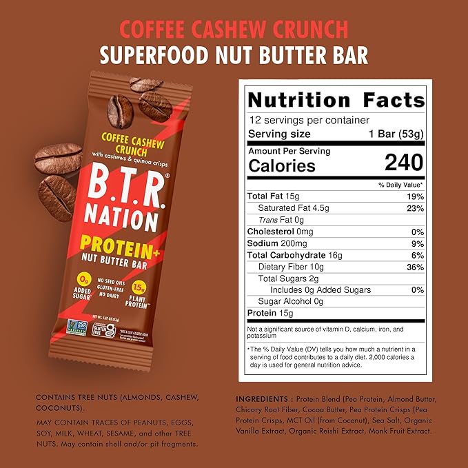 B.T.R. Nation Vegan Keto Plant Based High Protein &amp High Fiber Bars - Coffee Cashew Crunch Protein+ | 12 Bars | Low Carb &amp GF Free of Sugar Alcohols Dairy Soy and with Powerful Superfoods!