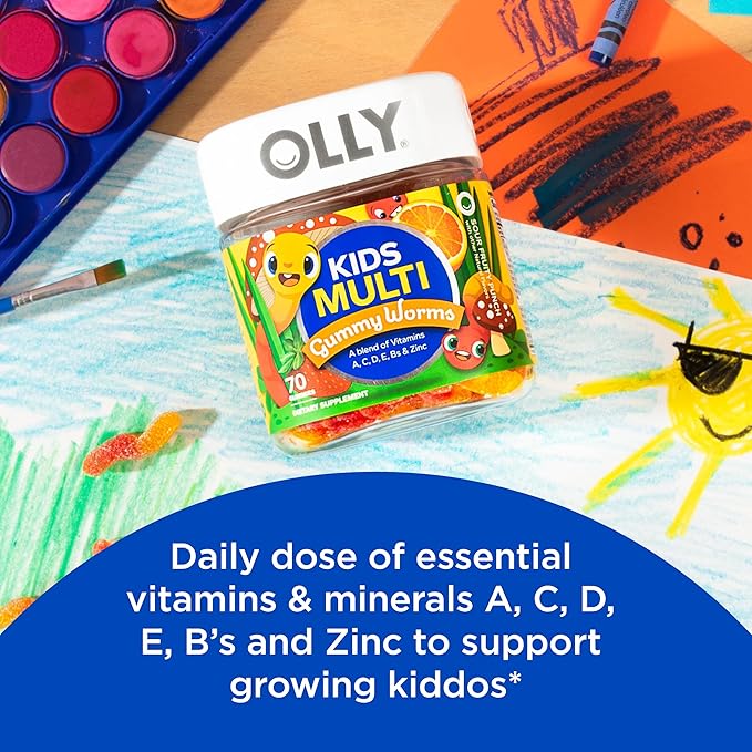 OLLY Kids Chillax Magnesium Gummies Plus L-Theanine Lemon Balm Sherbet Flavor - 50 Count &amp Kids Multivitamin Gummy Worms Overall Health and Immune Support Vitamins and Minerals A C D