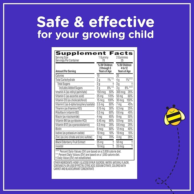 Zarbee's Complete Kids Multivitamin Gummies + Immune Support Berry Flavor Honey-Sweetened Gluten-Free &amp Gelatin-Free Vitamins A C D3 E B6 B12 Folic Acid &amp B-Complex 70 Count (Pack o