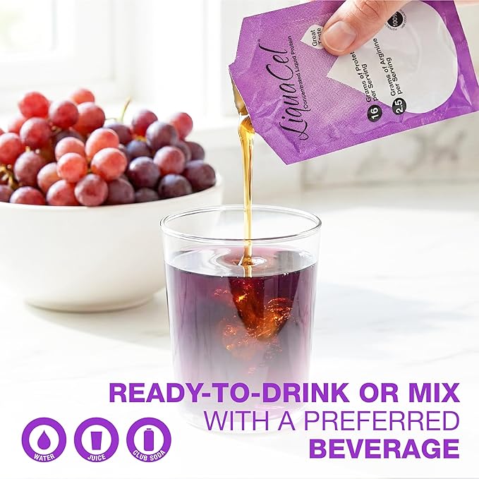 LiquaCel Concentrated Liquid Protein Grape Flavor 16g Hydrolyzed Collagen Protein and 2.5g Arginine Per Single-Serving Packet Sugar &amp Gluten Free 1fl oz Packets 10 Pack