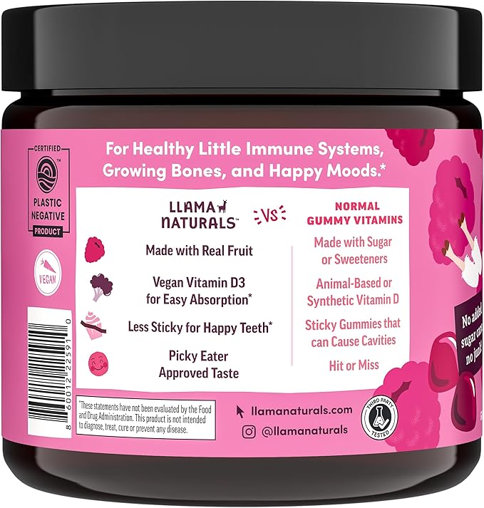 Llama Naturals Kids Vitamin D3 K2 Gummies Vegan Organic Children Toddler Vitamin D Gummies Real Fruit Gummy Vitamins No Added Sugar Cane Raspberry 60 Ct
