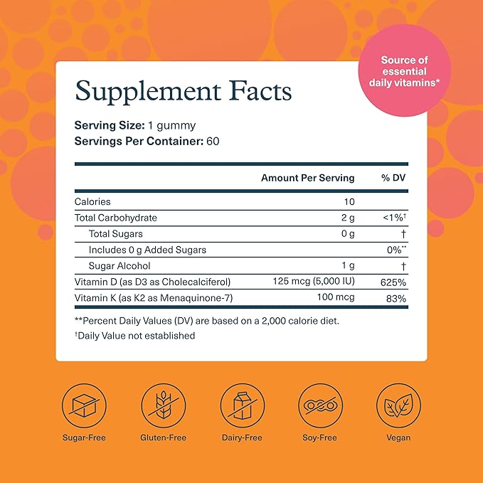 Youtheory K2D3 - Bone &amp Heart Health Support* - Combines Vitamin D3 &amp Vitamin K2 - Dairy Soy &amp Gluten Free - Peach 60 Vegetarian Gummies (Pack of 2)