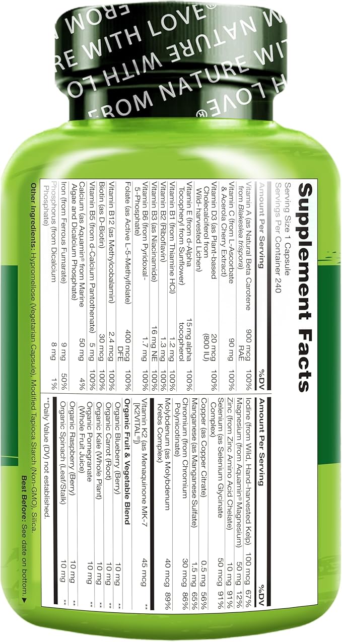NATURELO One Daily Multivitamin for Women w/Vitamin B12 240 Ct Energy Support Whole Food Daily Women Multivitamin Supplement Nourish Hair/Skin/Nail Non-GMO No Soy Gluten Free 8 Month Supply