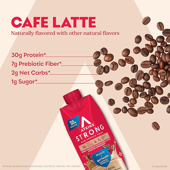 Atkins Strong High Protein Shake Café Latte Flavored 30g Protein 7g Prebiotic Fiber Muscle and Gut Health Support GLP-1 Support Low Carb Coffee Protein Shake Keto Friendly 12 Count