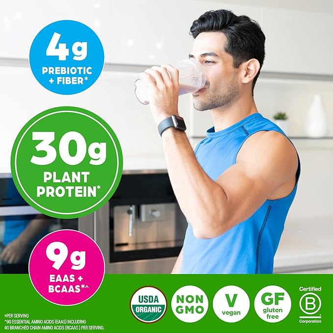 Orgain Organic 30g Vegan Plant Protein Powder Vanilla 9g EAAs + BCAAs High Plant Protein 4g Prebiotic + Fiber 1g Sugar Pre-Workout Muscle Support + Recovery - 2.01lb (Packaging May Vary)