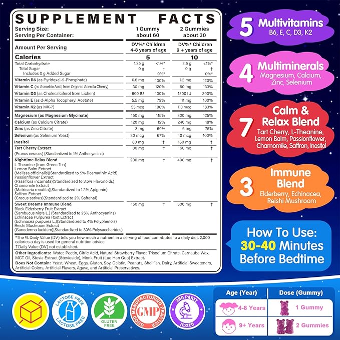 Kids 4+ Nighttime Multivitamin Melatonin Free Sleep Aid Gummies w/Magnesium Glycinate Saffron L-Theanine Calcium Inositol D3+K2 Zinc Supports Calm Mood Brain Bone &amp Immune Sugar Free 2