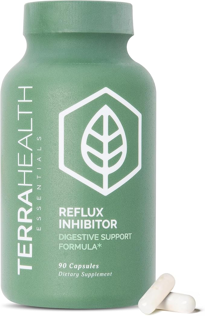 Terra Health Essentials Reflux Inhibitor - Digestive Supplement for Stomach Comfort Acid Balance &amp Nutrient Absorption - Betaine HCL with Pepsin - 30-Day Supply 90 Capsules