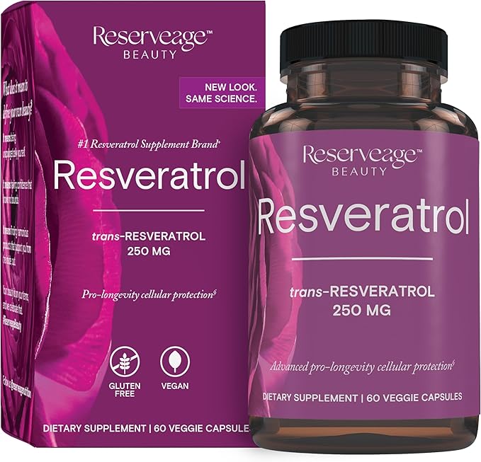 Reserveage Beauty Resveratrol 250 mg - Best Trans-Resveratrol - Vegan Antioxidant Supplement for Cellular &amp Heart Health - Aids Healthy Aging &amp Immune Health - 60 Vegetable Capsules