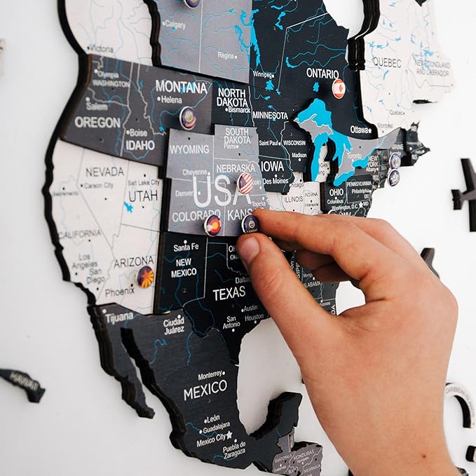 Handmade 3D Wood World Map Wall Art Large Wall Decor Track Your World Travels - Special for Home Kitchen and Office (Pins Flags Push Pins)