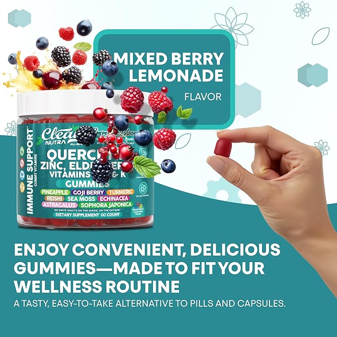 Clean Quercetin Elderberry Immune Support Gummies | Zinc Vitamin K2 D3 A Bromelain Goji Berry Turmeric Sea Moss Echinacea Astragalus Selenium Olive Leaf Immunity Supplement Gummy Vitamins