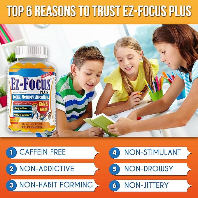 Plus Brain Booster Omega 3 Kids Focus and Attention Supplements for Cognitive Health Support Memory Mental Clarity Concentration for Children and Teens - Fruity Flavor Vitamins 60 Count