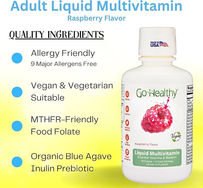 Go Healthy Liquid Vitamins for Women Men Teens | Vegan Vitamin &amp Mineral | High Absorption | Premium Liquid Multivitamin | Immune Support | Raspberry - 32 Servings