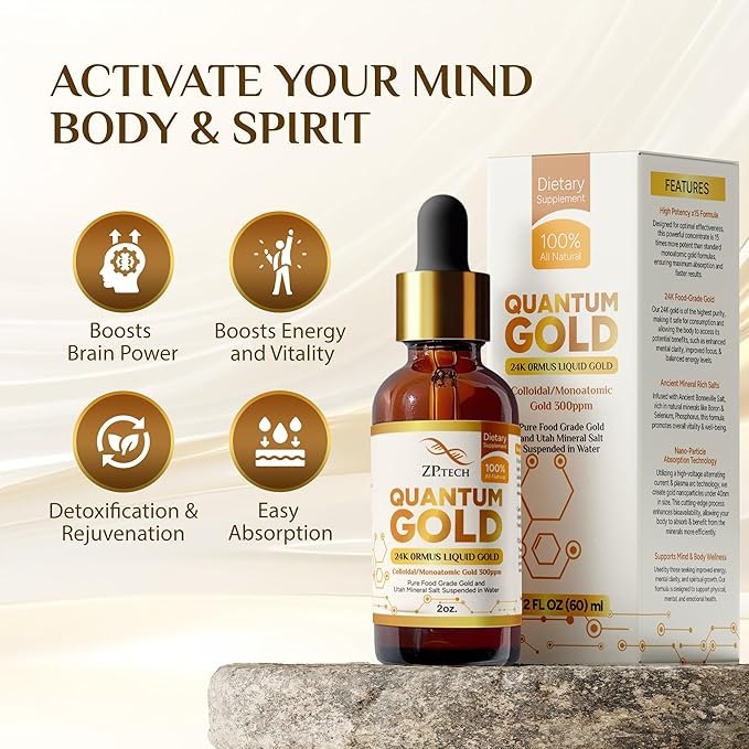 Quantum Gold Liquid Ormus Monoatomic Colloidal Gold &amp 24K Liquid Gold Supplement for Pineal Gland Activation Lucid Dreaming &amp Higher Energy Alignment (2oz)