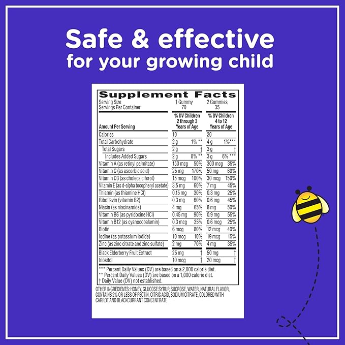 Zarbee’s Complete Kids Multivitamin Gummies + Immune Support Berry Flavor Honey-Sweetened Gluten-Free &amp Gelatin-Free Vitamins A C D3 E B6 B12 Folic Acid &amp B-Complex 70 Count