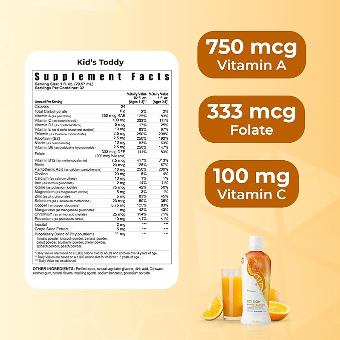 Youngevity Kid's Toddy™ - Mega Multivitamin for Kids &amp Children Age 2+ - 14 Vitamins 10 Minerals Phytonutrient Blend - Highly Absorbable - Great Tasting Orange 32 Fl Oz (Pack of 1)