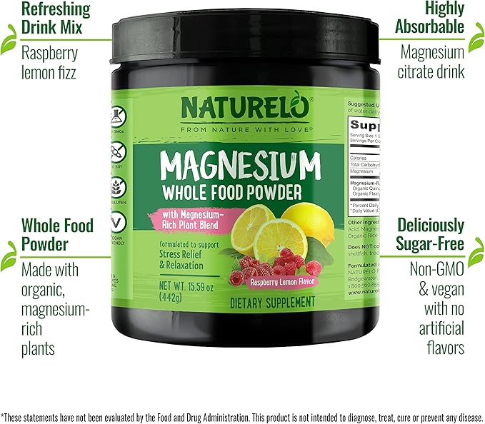 NATURELO Magnesium Powder - Whole Food Calm Magnesium Powder with Quinoa Cauliflower &amp Flaxseed for Stress Relief Raspberry Lemon 85 Servings 15oz