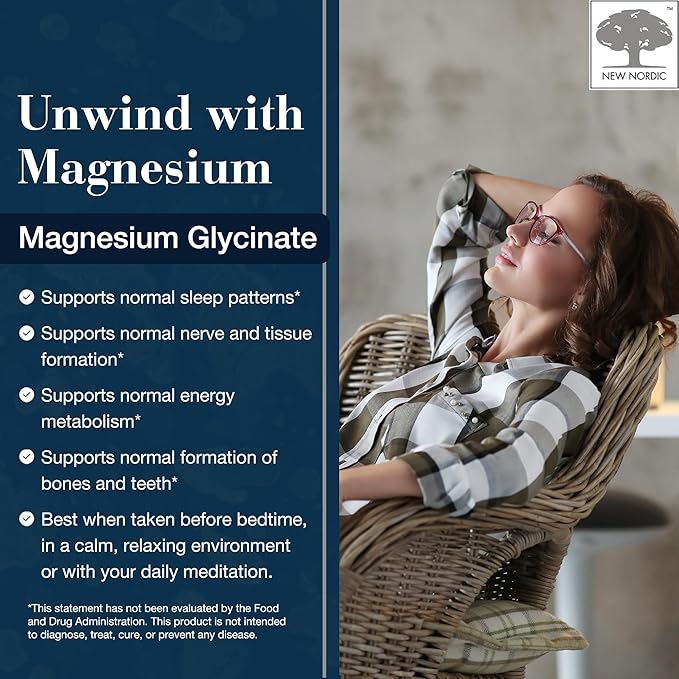 New Nordic Magnesium Glycinate 220 mg Maximum Absorption Tablets with Pine Bark &amp Long Pepper Gentle on Stomach for Women &amp Men 30 Servings