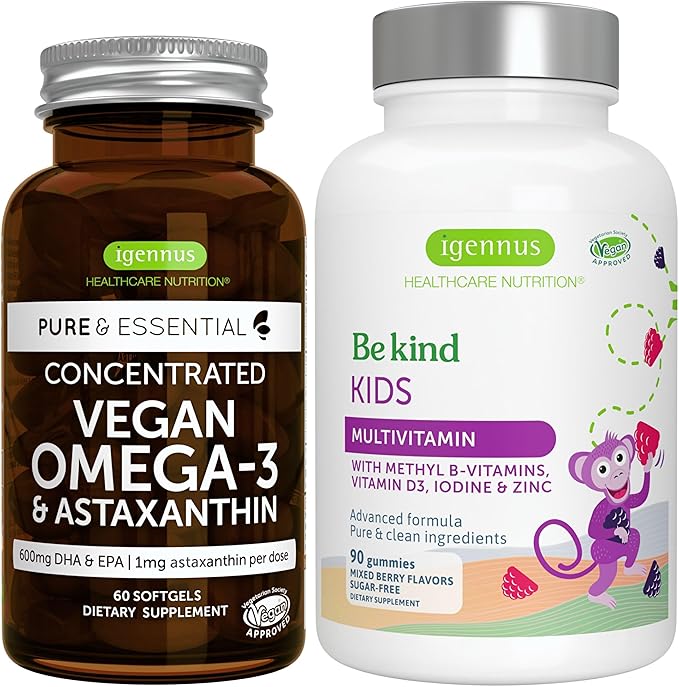 Vegan Omega-3 Algae Oil + Advanced Kids Multivitamin Gummy Bundle High Concentration DHA &amp EPA + Vitamin A B C D3 &amp E Clean Ingredients 60 Softgels + 90 Berry Flavor Gummies by Igennus