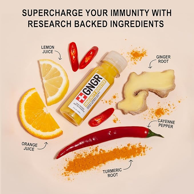 +GNGR Immunity Booster – Organic Cold-Pressed Ginger &amp Turmeric Shots with Orange Lemon &amp Cayenne. High-Absorption Curcumin. Ginger Shot for Immune &amp Digestive Support. 2 fl oz Bottles (1