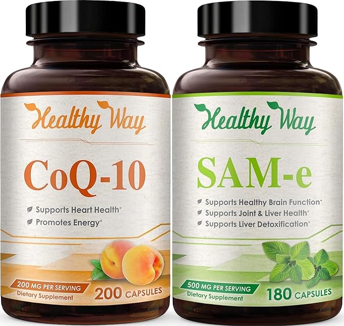 500mg SAM-e &amp Coenzyme Q10 200mg CoQ10 Supplement Bundle - Brain Mood Focus and Energy Support Bundle with CoQ10 and S-Adenosyl-L-Methionine Capsules (Over 6 Month Supply)