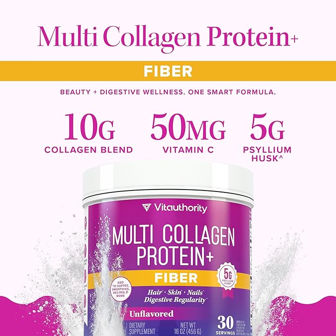 Vitauthority Multi Collagen Protein Powder + Fiber Supplement Collagen Types I II III V &amp X | Hair Skin Nail &amp Digestive Support | Vitamin C &amp Hyaluronic Acid Unflavored 30 Servings
