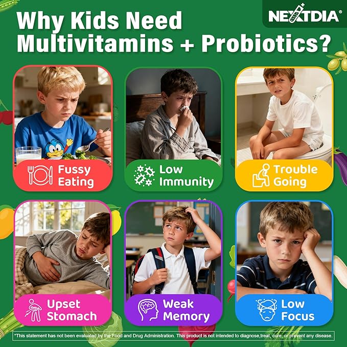 Kids Multivitamin Gummies 20+ Super Greens Fruit and Veggies Supplement Superfood Daily Gummies with Probiotics for Kids Gummy Vitamins &amp Minerals for Tummy &amp Immune Support -Vegan Sugar Fre