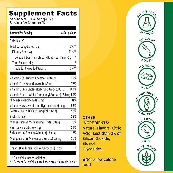 Nature Made Super Greens Powder with Prebiotic Fiber Drink Mix Made with 1 Cup Veggies Per Serving Fiber Supplement + Vitamins and Minerals 25 Day Supply