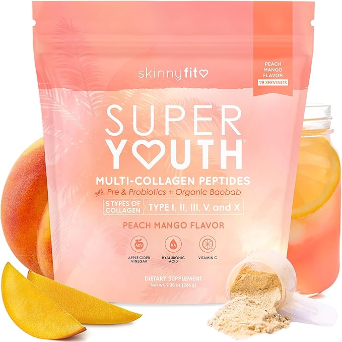 SkinnyFit - Super Youth Collagen for Women - Multi Collagen Peptides Powder - Probiotics Fiber Hyaluronic Acid - Non GMO Gluten Free Sugar Free - Beauty &amp Self Care - Peach Mango (28 Servings)