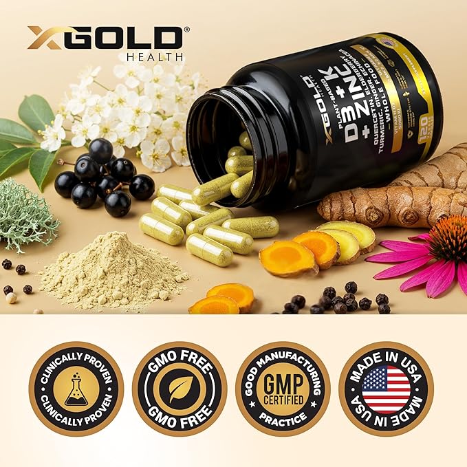 Vitamin D K2 K1 Zinc Quercetin Elderberry Turmeric Ginger &amp Echinacea Whole Food Supplement 8 in 1- D3 5000 IU Plant-Based from Lichen Vitamin K (K2 MK7 MK4 K1) D3 K2 Vitamins -120 Caps