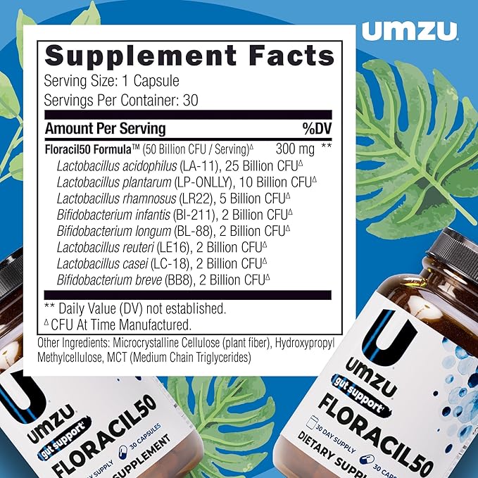 UMZU Floracil50 Probiotic Supplement 30 Day Supply – 50 Billion CFU with Lactobacillus Acidophilus Rhamnosus and Plantarum – Supports Gut Health Digestion Immunity and Microbiome Balance