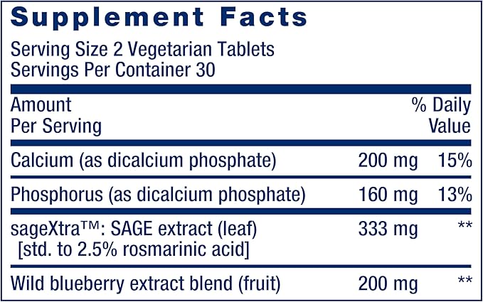 Life Extension Cognitex® Elite Pregnenolone sage Blueberry ashwagandha phosphatidylserine Advanced Formula Attention Focus Memory Gluten-Free Non-GMO Vegetarian 60 Tablets