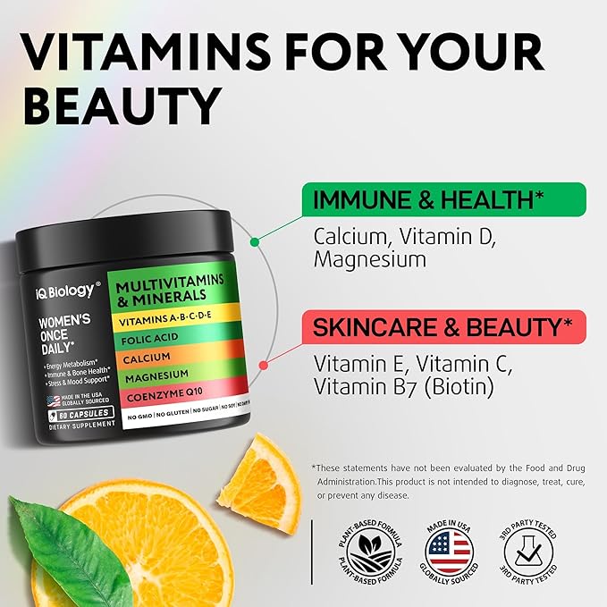 Daily Multivitamin Dose for Women - Vegan Women's Vitamins A B C D E and Zinc Magnesium &amp Calcium Minerals - Complete Supplement for Energy &amp Immune Support - All-in-One for Female Health - 6