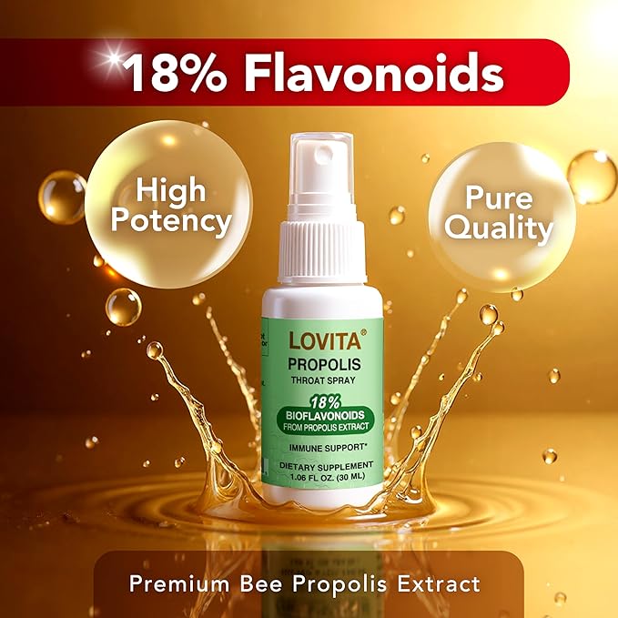 LOVITA Propolis Family Value Pack - 4 Liquid Extract Drops &amp 3 Throat Sprays 5:1 Resin Extract 18% Bioflavonoids Comprehensive Throat Soothing (7 Pc Set)