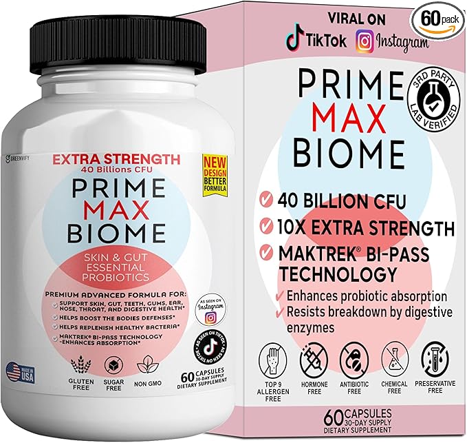 Prime Max Biome Probiotics 40 Billion CFU – Extra Strength Skin &amp Gut Support with MAKTrek® Bi-Pass Technology – 4 Strains + Prebiotics – Non-GMO Gluten-Free 60 Capsules (1)