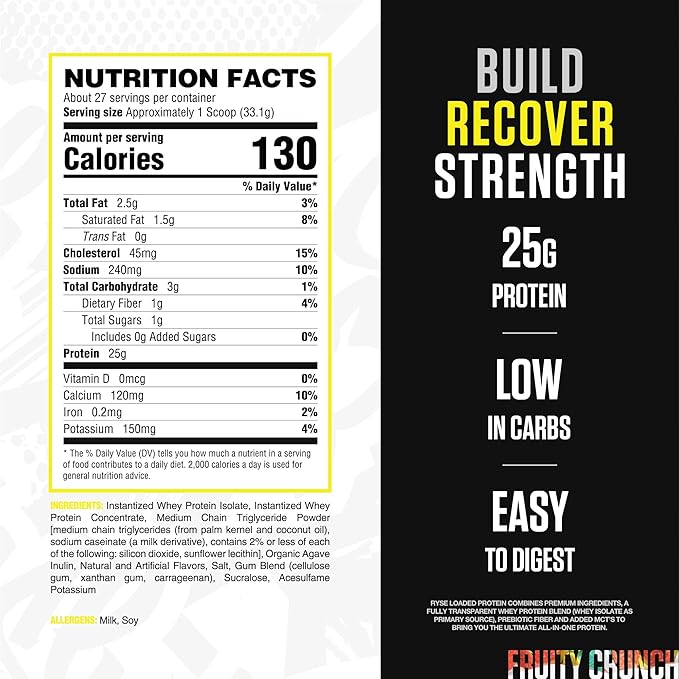 RYSE Loaded Protein Powder - Fruity Crunch - 25g Whey Protein Isolate &amp Concentrate with Prebiotic Fiber &amp MCTs - Low Carb Low Sugar Digestive-Friendly - 27 Servings / 2 lb Tub