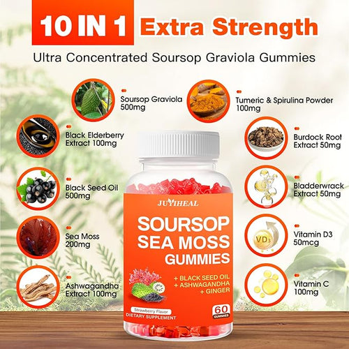 10-in-1 Soursop Graviola with Sea Moss Gummies Soursop Leaves Extract with Vitamin C Zinc for Immunity and Antioxidant Gluten Free Vegan 60 Gummies 2Pack