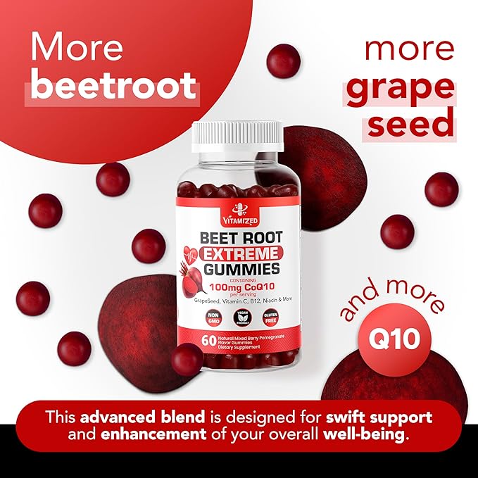 Extreme Beetroot Formula &amp COQ10 100mg with Grape Seed Extract for Circulation Energy &amp Flow Beet Root Gummies Extract Gluten Free 60