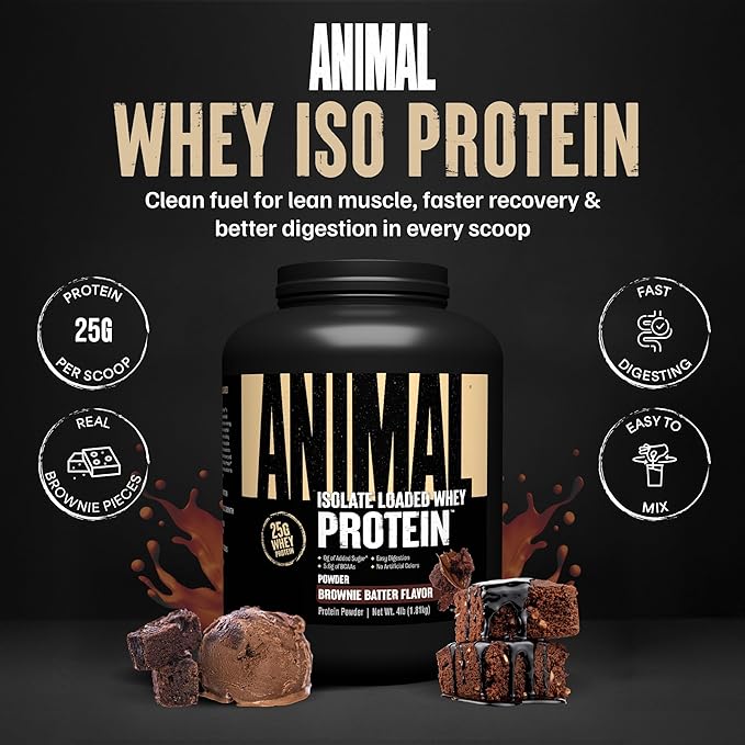 Animal Whey Isolate Protein Powder - Loaded for Pre &amp Post Workout Muscle Builder and Recovery with Digestive Enzymes for Men &amp Women - 25g Protein Great Taste Low Sugar - Brownie Batter 4 l