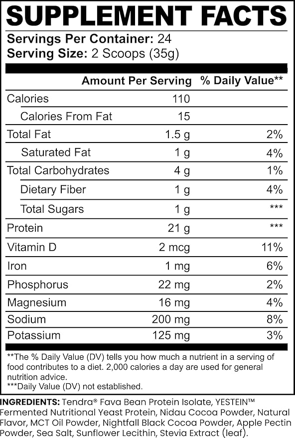 100% Plant Protein Powder Chocolate | 21g Vegan Protein Made with Cocoa Dairy-Free Gluten-Free Muscle Recovery &amp Weight Management Supplement Tendra® Fava Bean Protein
