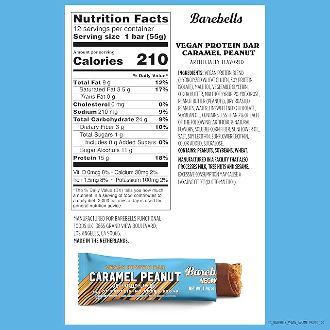 Barebells Vegan Protein Bars Hazelnut-Nougat &amp Peanut Caramel - 24 count 15g of Plant-Based High Protein Treats - Chocolate Nutrition Bar with 1g Total Sugar - On The Go Breakfast or Post-Workout