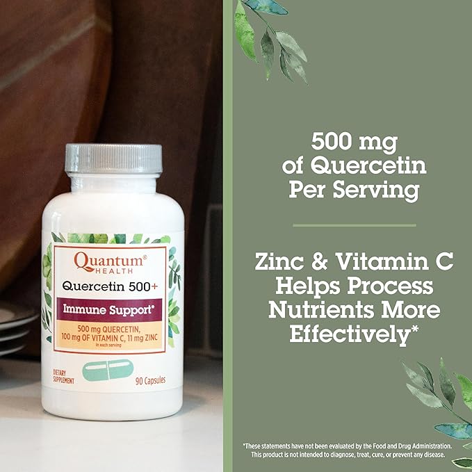 Quantum Health Quercetin 500+ Powerful Immune Support Supplement with Zinc 11 mg &amp Vitamin C 100 mg - Seasonal Immunity Boost Respiratory Health &amp Gut Support Complex for Women &amp Men - 90