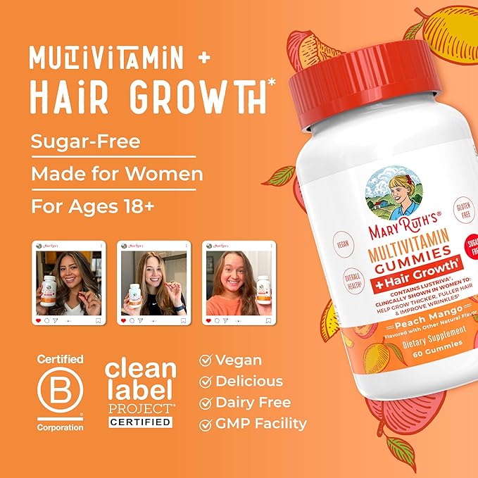 MaryRuth's Multivitamin + Hair Growth Gummies | with Lustriva® | Biotin 10000mcg | B Vitamins | Formulated for Thicker Hair Wrinkles Fine Lines Skin Care | Ages 18+ | 30 Servings (Pack of 2)