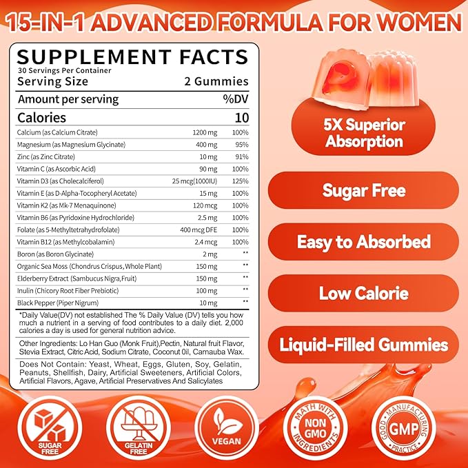 Calcium Supplements for Women Gummies: Organic Chewable Sugar Free Vegan Calcium 1200 mg with Vitamin D3 K2 B6 B12 Mineral Magnesium Zinc Citrate - for Womens Immune Overall Health(120Count)