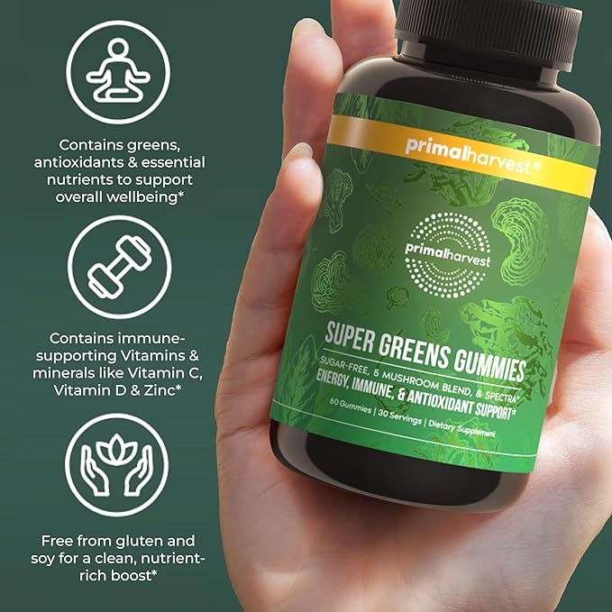 Primal Harvest Super Greens Gummies Superfood Blend with Adaptogenic Mushrooms Vitamins &amp Nutrient-Rich Minerals &amp Antioxidants for Energy &amp Immune Support (1 Pack (60 Count) Berry)