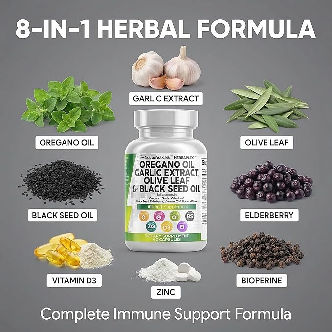 Clean Nutra Oregano Oil with Black Seed Oil Garlic Olive Leaf Extract - Oil of Oregano Capsules Immune Support Carvacrol &amp Thymoquinone Supplement for Women and Men + Elderberry Vitamin D3 &amp Z
