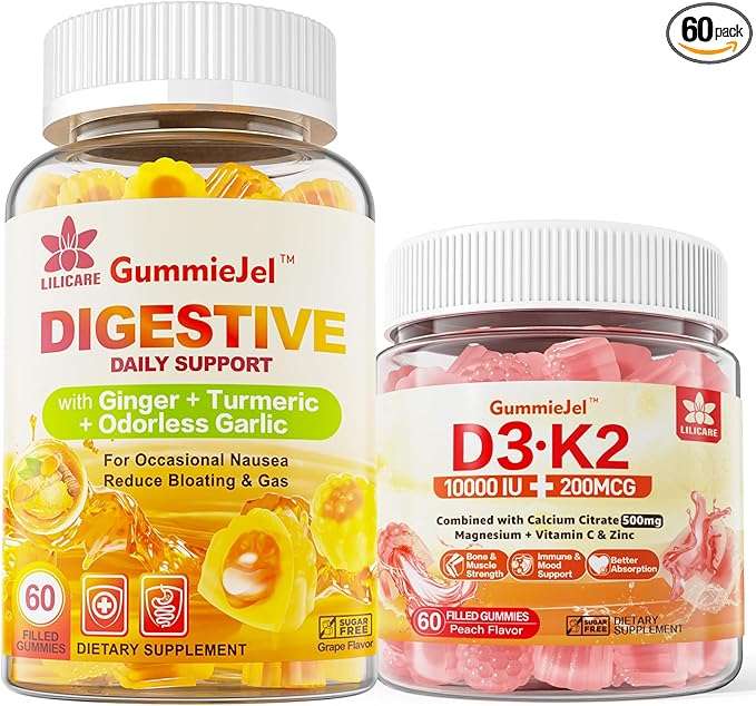 Vitamin D3 K2 Filled Gummies 5000IU / 10000 IU with 500mg Calcium Magnesium Citrate Vitamin C &amp Ginger Chews Supplement Gummies for Nausea Stomach Relief