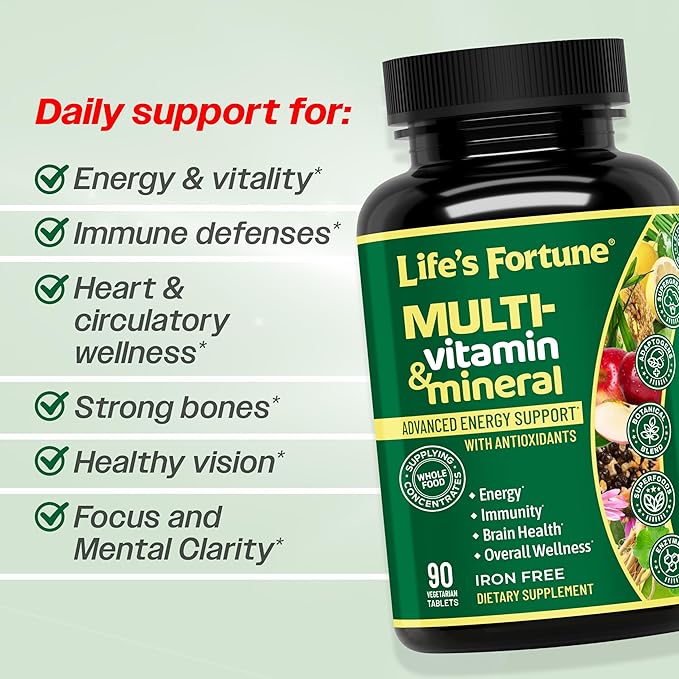 Life's Fortune Whole Food Multivitamin &amp Mineral Supplement for Men &amp Women – Energy Support Vitamins for Immune Brain &amp Metabolism Support – Iron Free 90 Vegetarian Tablets
