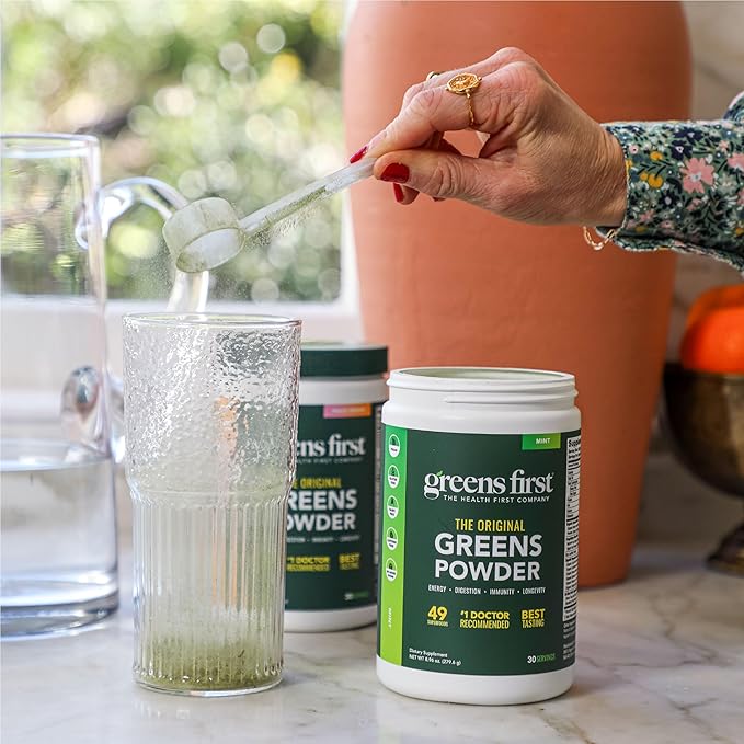Greens First Original Greens Powder - 49 Superfoods - Organic Fruits &amp Veggies - Prebiotics Probiotics &amp Digestive Enzymes - Antioxidant Smoothie - Dairy Free/Vegan/Non-GMO (Peach Mango 30 S