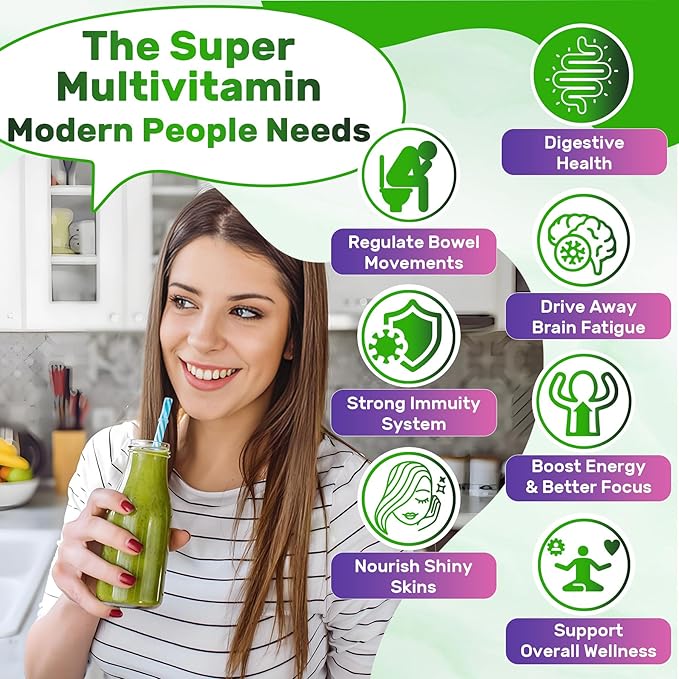 Super Greens Multivitamin Gummies Daily Greens Superfood Gummies w/Spirulina Chlorella Multivitamins Prebiotic Fiber Adaptogens Support Digestive &amp Gut Health Immunity Focus &amp Energy