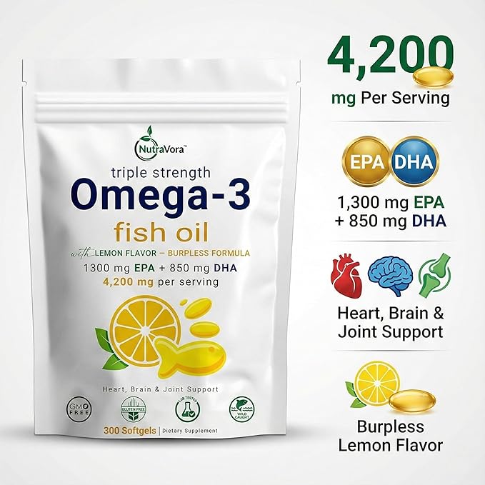Triple Strength Omega-3 Fish Oil – 4200 mg Per Serving with 1300 mg EPA + 850 mg DHA – Lemon Flavor Burpless Formula – Wild-Caught Non-GMO Gluten-Free – 300 Softgels